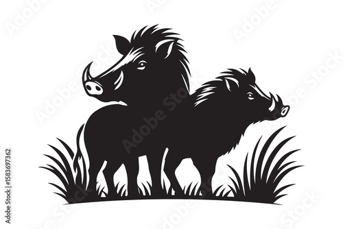 Silhouetted Wild Boars in Grassy Landscape