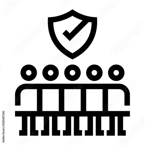 Icono de seguridad compartida. Protección colectiva, confianza y respaldo grupal. Personas debajo de un escudo. Ilustración vectorial