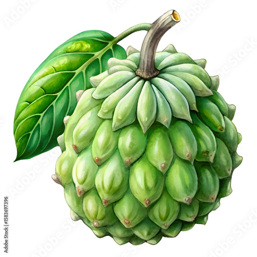 Wallpaper Mural Green cherimoya fruit with leaves displayed in a detailed illustration. A single. vibrant cherimoya fruit. complete with its leaves. is showcased against a black backdrop. Torontodigital.ca