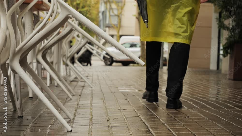 Business man tourist person with umbrella and raincoat on rainy european city street, lights reflecting, walking in Barcelona or Amsterdam during the rain. Business man tourist person with umbrella and raincoat on rainy european city street, lights reflecting, walking in Barcelona or Amsterdam during the rain.