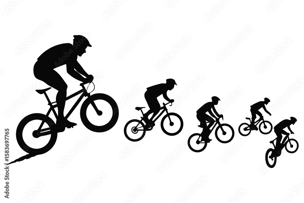 Obraz premium Mountain Biker Silhouette Collection – 8 Black Vector Stunt & Racing Poses with Side View Bikes.