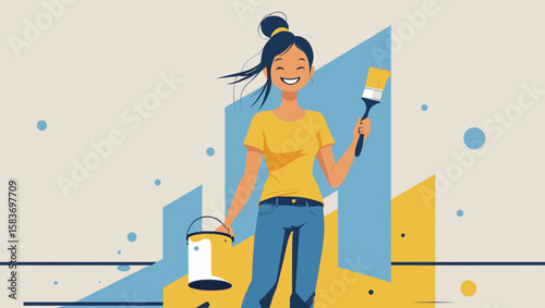 Cheerful woman holding paintbrush and paint can, ready to decorate
