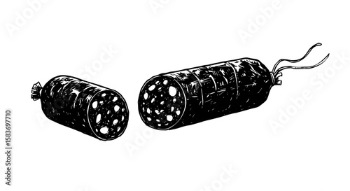 Two decorative black pepper salami with detailed textures  