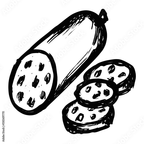 Sliced sausage with several pieces arranged on a white background  