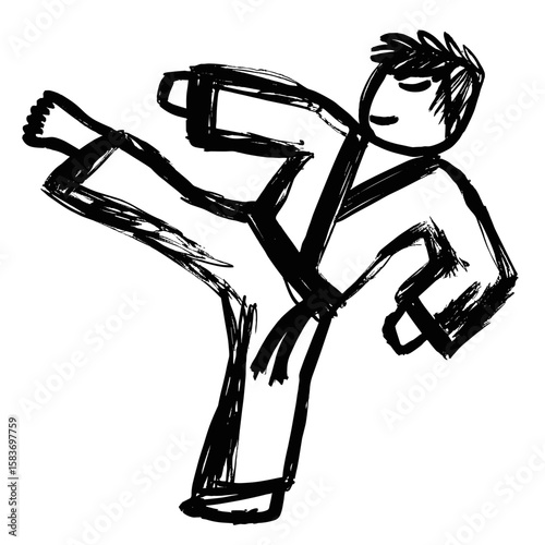Cartoon figure practicing martial arts kick in a black belt uniform  