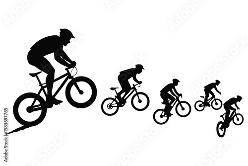 Mountain Biker Silhouette Collection – 8 Black Vector Stunt & Racing Poses with Side View Bikes.