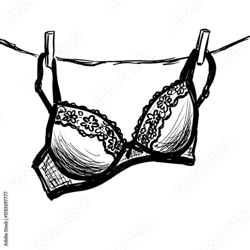 Sketch of black lace bra hanging on a clothesline  