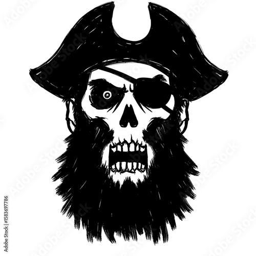 Pirate skull with hat and beard in black and white illustration  