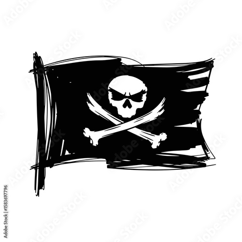 Pirate flag with skull and crossbones on black background  