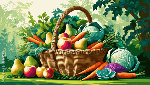 Bountiful basket of fresh fruits and vegetables in lush garden setting