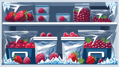 Organized fridge shelf with frozen strawberries and raspberries in containers
