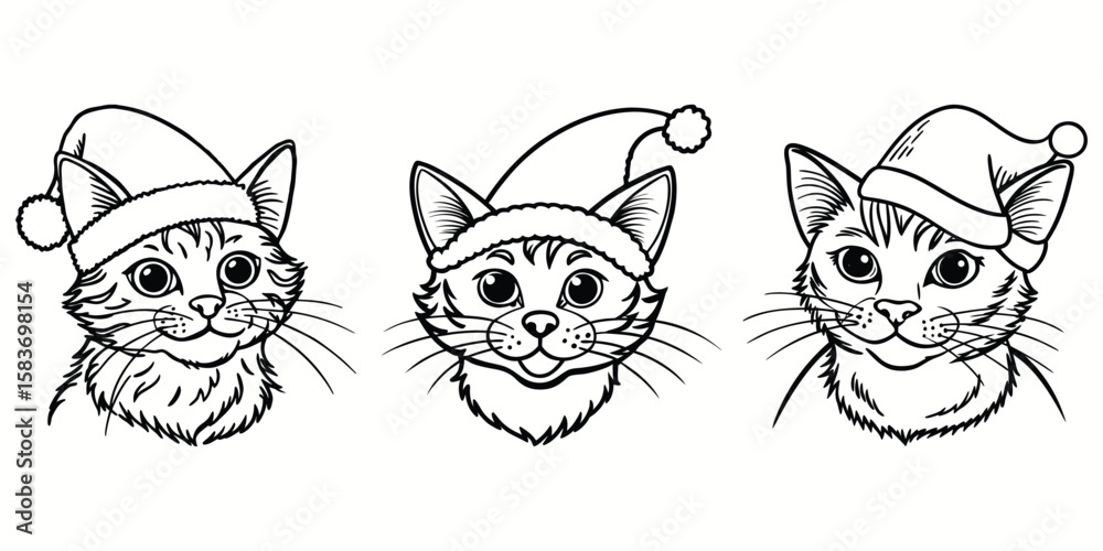 Obraz premium Cute Cat Christmas silhouettes and icons. Black flat color simple elegant Cat animal outline vector and illustration.