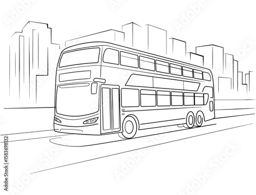 Cityscape Line Art of Double Decker Bus on Urban Street