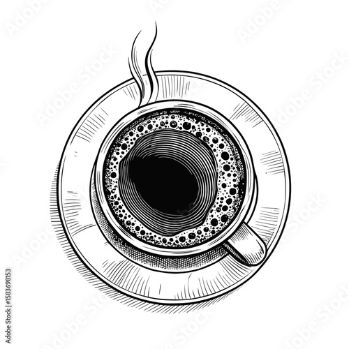 Coffee cup with steaming beverage on saucer in monochrome style  