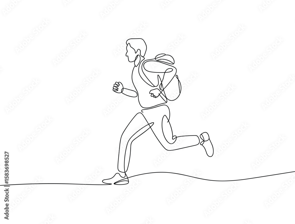 Fototapeta premium One Line Running Man with Backpack – Freedom, Fitness, and Motion Illustration