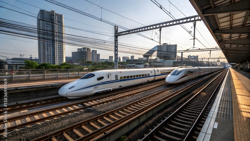 Fototapeta premium Double Bullet Trains Passing Each Other