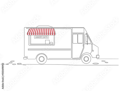 Street Food Truck Side View with Awning – Minimal Line Art Street Vendor Illustration