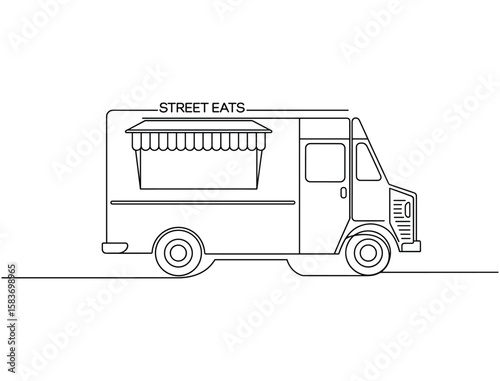 Street Food Truck Side View with Awning – Minimal Line Art Street Vendor Illustration