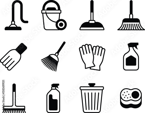 Simple Black and White Cleaning Supplies Icons