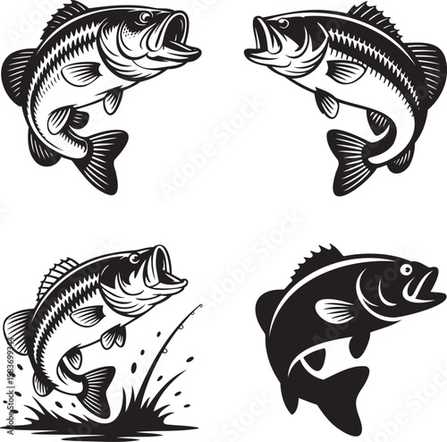 Set of Vintage bass Fish silhouette vector illustration isolated On Transparent Background