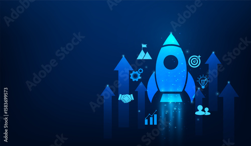 business startup concept rocket launch success with icon on blue background. strategy and mission achievement concept. vector illustration fantastic technology.
