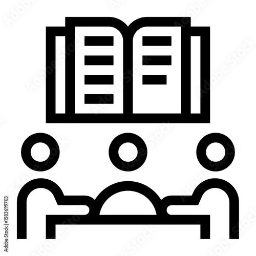Icono de aprendizaje colectivo. Intercambio de conocimientos y crecimiento conjunto. Tres personas y un libro abierto encima de ellas. Ilustración vectorial