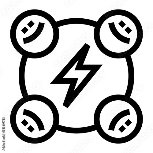 Icono de comunidad activa. Trabajo en grupo y energía colectiva. Personas formando un circulo con rayo en el centro. Ilustración vectorial
