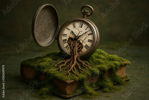 Pocket Watch Sprouting Roots in a Book Forest