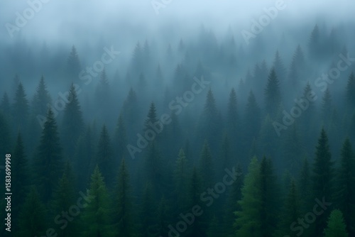 Misty Forest A Dense Evergreen Forest Shrouded in a Thick Ethereal Fog