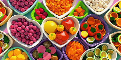 A colorful market snack of sweet candies and fresh Easter eggs