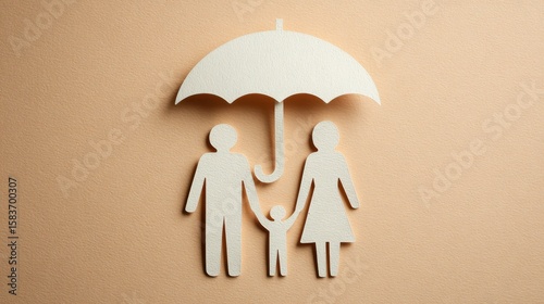 Paper cutout family figures under umbrella symbolizing life insurance, family protection and financial safety ideal for healthcare visuals, coverage concepts and security branding