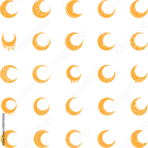 Twentyfour crescent moons with different yellow abstract textures are seen on a white background