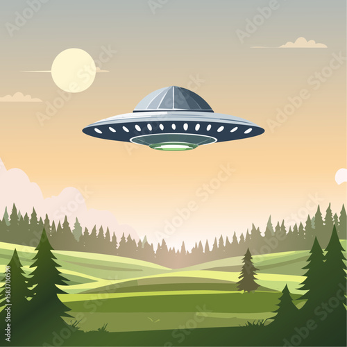 An alien ship hovers above the ground on planet Earth