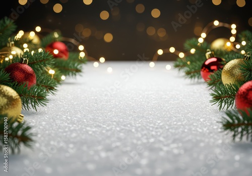 Christmas tree branch border with snow frame and light bokeh background for product placement, montage, promotion, mock up with copy space. Super saturday sale, shopping day or christmas shopping.	
