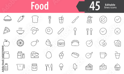 Food Line Icons, Burger, Pizza, Apple, Drink, Cutlery, Editable Formats: AI, EPS, PNG, Ideal for Both UI and Print Media Use
