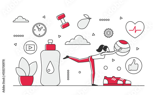 Sport training session with gym equipment. Physical activity practice body workout vector monocolor illustration