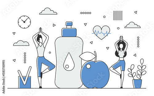 Sport practice for healthy body and mental state. Active lifestyle and wellness program vector monocolor illustration