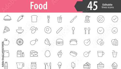 Food Line Icons, Burger, Pizza, Apple, Drink, Cutlery, Editable Formats: AI, EPS, PNG, Ideal for Both UI and Print Media Use
