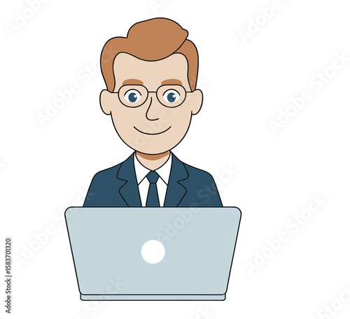 Cartoon man with glasses in suit working on a laptop against a black background illustration style