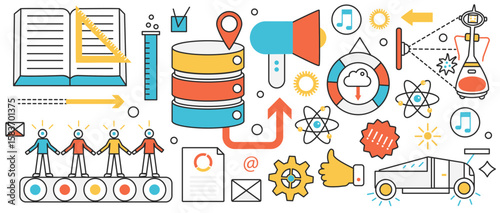 Business teamwork and creation process. Abstract conveyor with employees, financial data analysis process and content management, creative startup in infographic concept banner, thin line art design