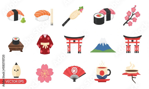 Japanese Food and Culture Icon Set | Sushi, Kimono, and Landmarks Illustration for Asian Travel and Tourism