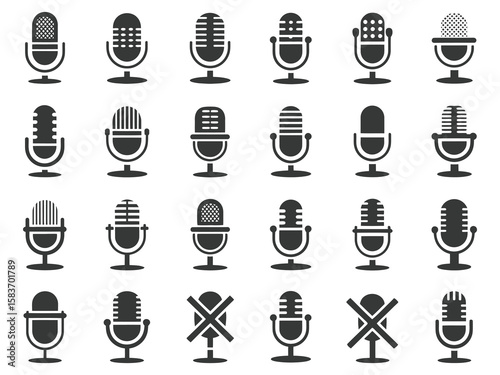 Microphone vector icons in black and white featuring on off, mute, unmute, audio sound indicators and digital technology