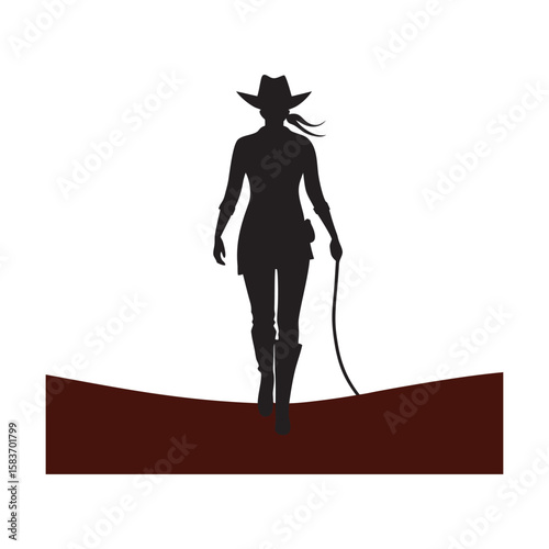 Cowgirl Strolling Into Sunset Horizon Scene
