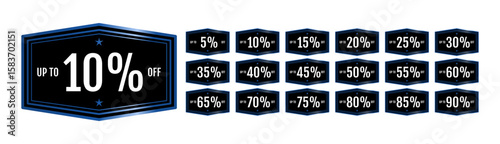 Vector set of discount badges with blue and black design. Includes labels from 5% to 90% off. Perfect for sales, promotions, and marketing materials.