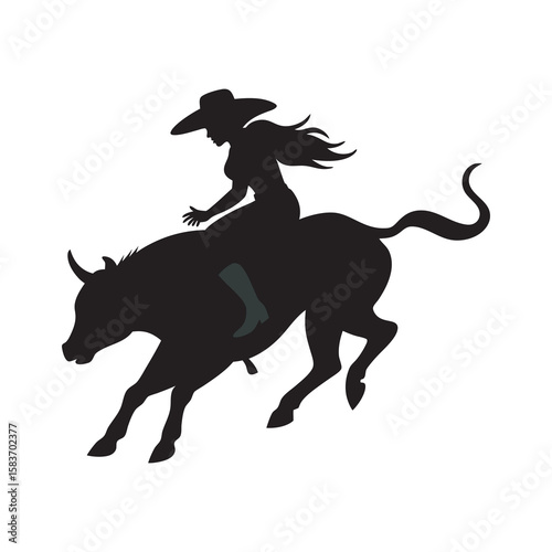 Cowgirl Riding Bull In Rodeo Arena