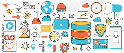 Web security for mobile application. Abstract hacker with laptop in process of cyber crime, stealing money from credit card, privacy and access in infographic concept banner, thin line art design