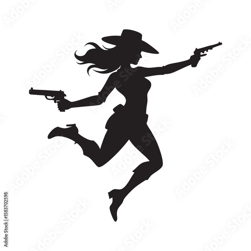 Cowgirl Firing Pistols In Mid Air
