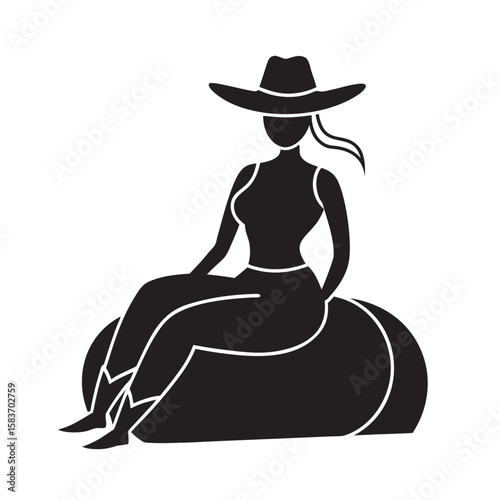 Western Cowgirl On Hay Bale Silhouette