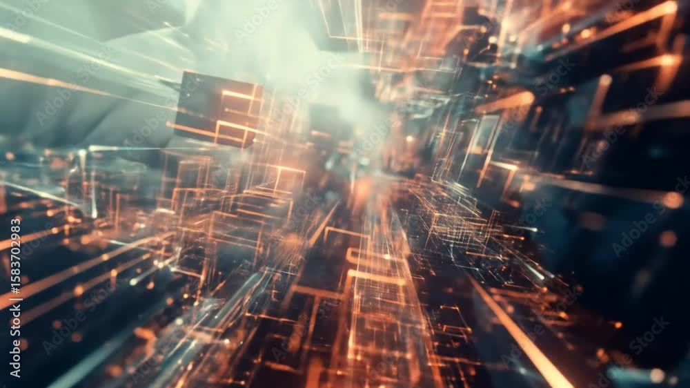 Abstract lines and rectangular shapes in orange and teal form a converging perspective, resembling a futuristic cityscape or digital network.