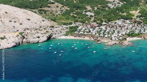 Campsite at Campig Skrila, Krk Island, Stara Baska Croatia, Aerial View of the Mountains and Coast With Boats, Beaches and Adriatic Sea.  The Seaside Rv Campmobiles on a Summer Beautiful Coastline